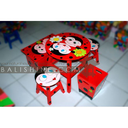 Balishine: Your natural source of indonesian handicraft presents in its Home Decor collection the Kids Furniture:114DZO626397:This set of 5 pcs with 1 table, 2 stools, 1 box and 1 wastebin made from albasia wood.  Mix color 