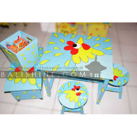 Balishine: Your natural source of indonesian handicraft presents in its Home Decor collection the Kids Furniture:114DZO626398:This set of 5 pcs with 1 table, 2 stools, 1 box and 1 wastebin made from albasia wood.  Mix color 
