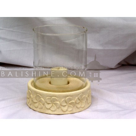 Balishine: Your natural source of indonesian handicraft presents in its Home Decor collection the Candle Holder:13DEL165625:This round candle holder is produced in Bali made from natural lime stone and handmade glass.  White color.