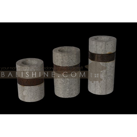 Balishine: Your natural source of indonesian handicraft presents in its Home Decor collection the Candle Holder Set Of 3:13KLG166315:This set of 3 candle holders is produced in Bali and made from natural stone with curved copper finishing.  