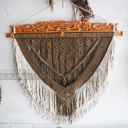 Balishine: Your natural source of indonesian handicraft presents in its Home Decor collection the Jepara Boho Chic Macrame Wall Art:17NUS507994:This macrame wall hanging, simple and elegant design, meticulously handcrafted, will become a great gift for a person who enjoys bohemian, western or ethnic style in their home.Perfect for wedding favors, bridal shower favors or bohemian themed parties, boho wall decoration, kids bedroom, birthday gift, etc.  Handmade, natural, 100% cotton. Made with natural carved teak wood.