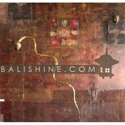 Balishine: Your natural source of indonesian handicraft presents in its Home Decor collection the Painting:17MAG494221:This painting is produced in Bali by artists coming from the Bali art school and from the art village of Ubud. We produced our own canvas to have the highest quality and also import our acrylic colors from germany.  It is made from acrylic-painting on a canvas with wooden mask, coconut leaf, thailande textile and table mad.