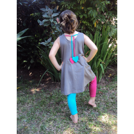 Balishine: Your natural source of indonesian handicraft presents in its Ready to wear collection the Children dress suka:748MYO786634:Jersey dress, 2 pockets  taupe,pocket turkoise-fushia