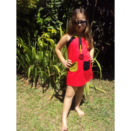 Balishine: Your natural source of indonesian handicraft presents in its Ready to wear collection the Children tunic jalane:748MYO796644:Popeline tunic, jersey neck to be confortable to wear, 2 pockets, zip on the backside, embroidery like a jewerly  red, pocket jade-black
