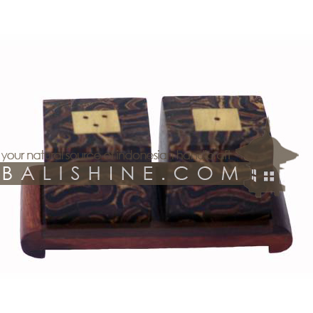 Balishine: Your natural source of indonesian handicraft presents in its Saltcellars & Pepper Pots collection the Saltcellars and Pepper pots:630KAL1159:This set of saltcellars and pepper pots with holder is produced in Bali made from coconut with sonokling wood with a natural and parfumed tropical wood known as fern. -