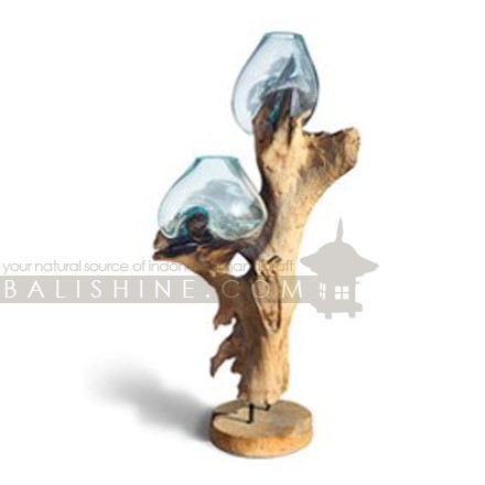 Balishine: Your natural source of indonesian handicraft presents in its Home Decor collection the BloWing Glass 2 Bowls with Teak Wood Stand:12INT878049:This beautiful sculpture is made from handmade blowing glass with teak root base. All pieces are unique and size is for guidance only and may be a little less or more.  This piece include 2 pcs of handmade blowing glass diameter 20-25 cm. 