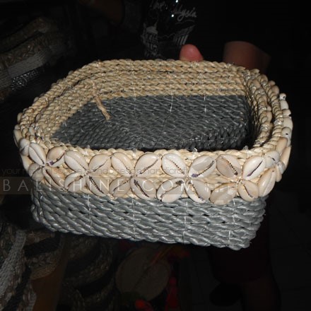 Balishine: Your natural source of indonesian handicraft presents in its Home Decor collection the Shell Trimmed Seagrass Square Basket:12JEN368092:Handwoven natural seagrass baskets set of 2 pcs?with 3 rows of cowrie shells around the top of each basket. Grey base with natural contrast. Other colors possible please contact us.?  Made from seagrass, ecofriendly and biodegradable.