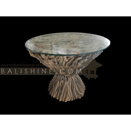 Balishine: Your natural source of indonesian handicraft presents in its Home Decor collection the Coffee Table DriftWood:114FOR136776:This round coffee table is a handicraft of Bali made from recycled drift wood with glass 8mm.  