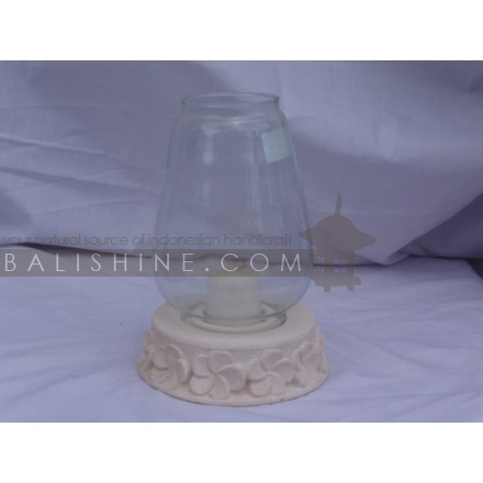 Balishine: Your natural source of indonesian handicraft presents in its Home Decor collection the Candle Holder:13DEL165626:This round candle holder is produced in Bali made from natural lime stone and handmade glass.  White color.