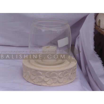 Balishine: Your natural source of indonesian handicraft presents in its Home Decor collection the Candle Holder:13DEL165627:This round candle holder is produced in Bali made from natural lime stone and handmade glass.  White color.