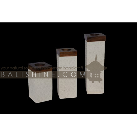 Balishine: Your natural source of indonesian handicraft presents in its Home Decor collection the Candle Holder Set Of 3:13KLG166311:This set of 3 candle holders is produced in Bali and made from natural white paras stone with sono wood..  