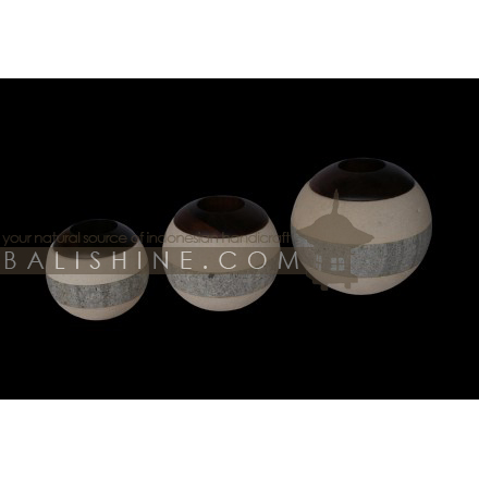 Balishine: Your natural source of indonesian handicraft presents in its Home Decor collection the Candle Holder Set Of 3:13KLG166313:This set of 3 candle holders is produced in Bali and made from natural white paras stone with lava stone and sono wood..  