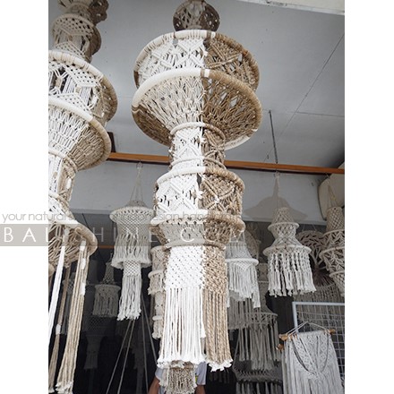 Balishine: Your natural source of indonesian handicraft presents in its Home Decor collection the Felicio Fiber Macrame Lampshade:13NUS867982:A unique macrame chandelier design. With this macrame hanging lamp shade you'll instantly add a bohemian vibe to your room and it will really warm up a space. It is great for a bedroom, living area, boho wedding background or anywhere where you'd like to bring some texture and interest to your walls.  Handmade, natural, 100% cotton. Available in white or light brown color.
