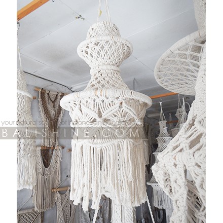 Balishine: Your natural source of indonesian handicraft presents in its Home Decor collection the Gipsy Macrame Lampshade:13NUS867975:A unique macrame chandelier design. With this macrame hanging lamp shade you'll instantly add a bohemian vibe to your room and it will really warm up a space. It is great for a bedroom, living area, boho wedding background or anywhere where you'd like to bring some texture and interest to your walls.  Handmade, natural, 100% cotton. Available in white or light brown color.