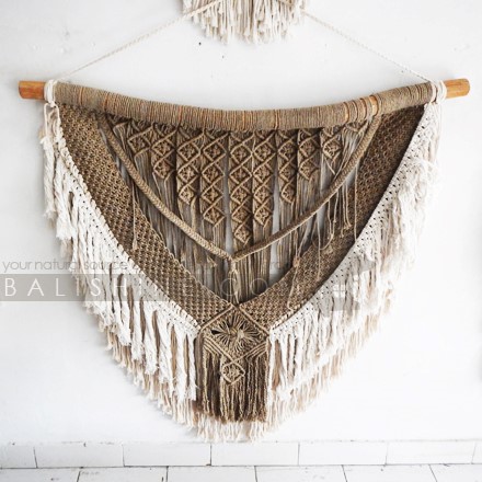 Balishine: Your natural source of indonesian handicraft presents in its Home Decor collection the Jimbaran Boho Chic Macrame Wall Art:17NUS507996:This macrame wall hanging, simple and elegant design, meticulously handcrafted, will become a great gift for a person who enjoys bohemian, western or ethnic style in their home.Perfect for wedding favors, bridal shower favors or bohemian themed parties, boho wall decoration, kids bedroom, birthday gift, etc.  Handmade, natural, 100% cotton. Made with natural recycled driftwood.