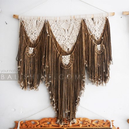 Balishine: Your natural source of indonesian handicraft presents in its Home Decor collection the Laut Boho Chic Macrame Wall Art:17NUS507993:This macrame wall hanging, simple and elegant design, meticulously handcrafted, will become a great gift for a person who enjoys bohemian, western or ethnic style in their home.Perfect for wedding favors, bridal shower favors or bohemian themed parties, boho wall decoration, kids bedroom, birthday gift, etc.  Handmade, natural, 100% cotton. Made with natural recycled driftwood.