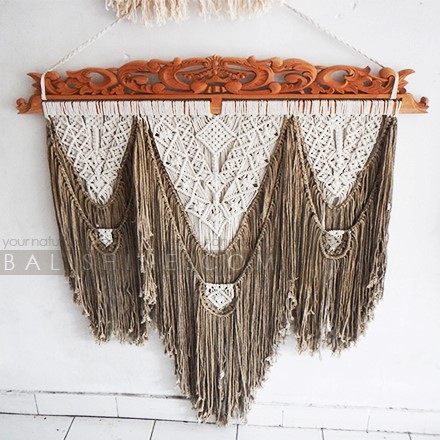 Balishine: Your natural source of indonesian handicraft presents in its Home Decor collection the Pati Boho Chic Macrame Wall Art:17NUS507995:This macrame wall hanging, simple and elegant design, meticulously handcrafted, will become a great gift for a person who enjoys bohemian, western or ethnic style in their home.Perfect for wedding favors, bridal shower favors or bohemian themed parties, boho wall decoration, kids bedroom, birthday gift, etc.  Handmade, natural, 100% cotton. Made with natural carved teak wood.