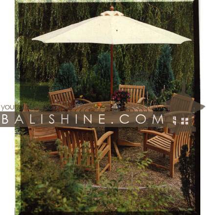 Balishine: Your natural source of indonesian handicraft presents in its Outdoor collection the Garden Set of 8 Pieces:26SEF3776:This garden set of 8 pieces is produced in indonesia, made from teak wood. He have 6 chairs, 1 table and 1 umbrella  Natural or chocolate color