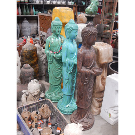 Balishine: Your natural source of indonesian handicraft presents in its Outdoor collection the Standing Buddha Statue:217LJP7532:This budha statue is made from GRC (concrete mixed with fiber) and can be used indoor or outdoor.  Yellow turquoise on left and Turquoise on middle. Other color available.