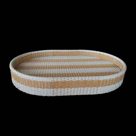 Balishine: Your natural source of indonesian handicraft presents in its Tableware collection the Floating Tray:625JAJ8270:This floating tray is made in Bali from rattan synthetic.  Floating base is made from stereofoam covered with synthetic rattan.  <br><img src='images/tableware/trays/white-back.jpg'>