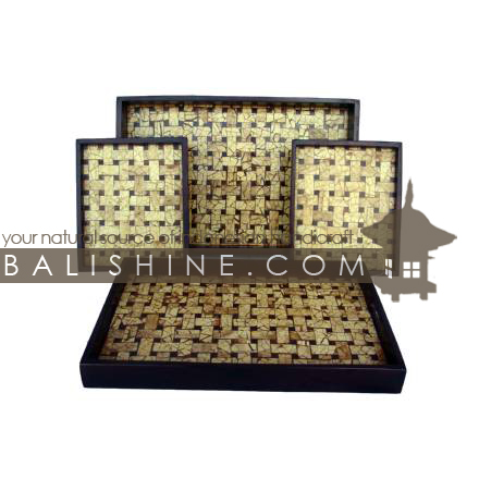 Balishine: Your natural source of indonesian handicraft presents in its Tableware collection the Set 4 Tray:625DIV469:These 4 trays are produced in Bali made from teak wood with the skin of coconut shell mosaic.  