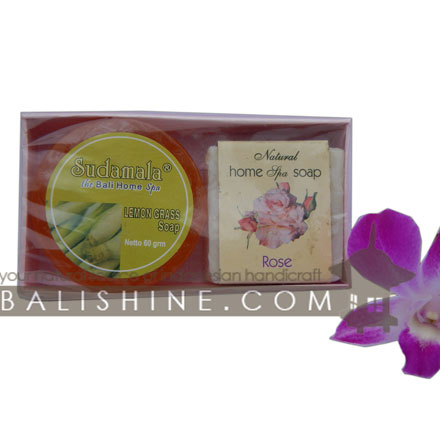 Balishine: Your natural source of indonesian handicraft presents in its Various collection the Soap Pack:44ARJ557520:This box contain 3 natural soap of 50 gr. Made in Bali from tropical pulp flower. Soap with coconut texture inside.  Available in aromas : Papaya, Chempaka,  Frangipani, Jasmine, Lavender, Sandalwood, Ylang-Ylang, Vanilla, Lotus.